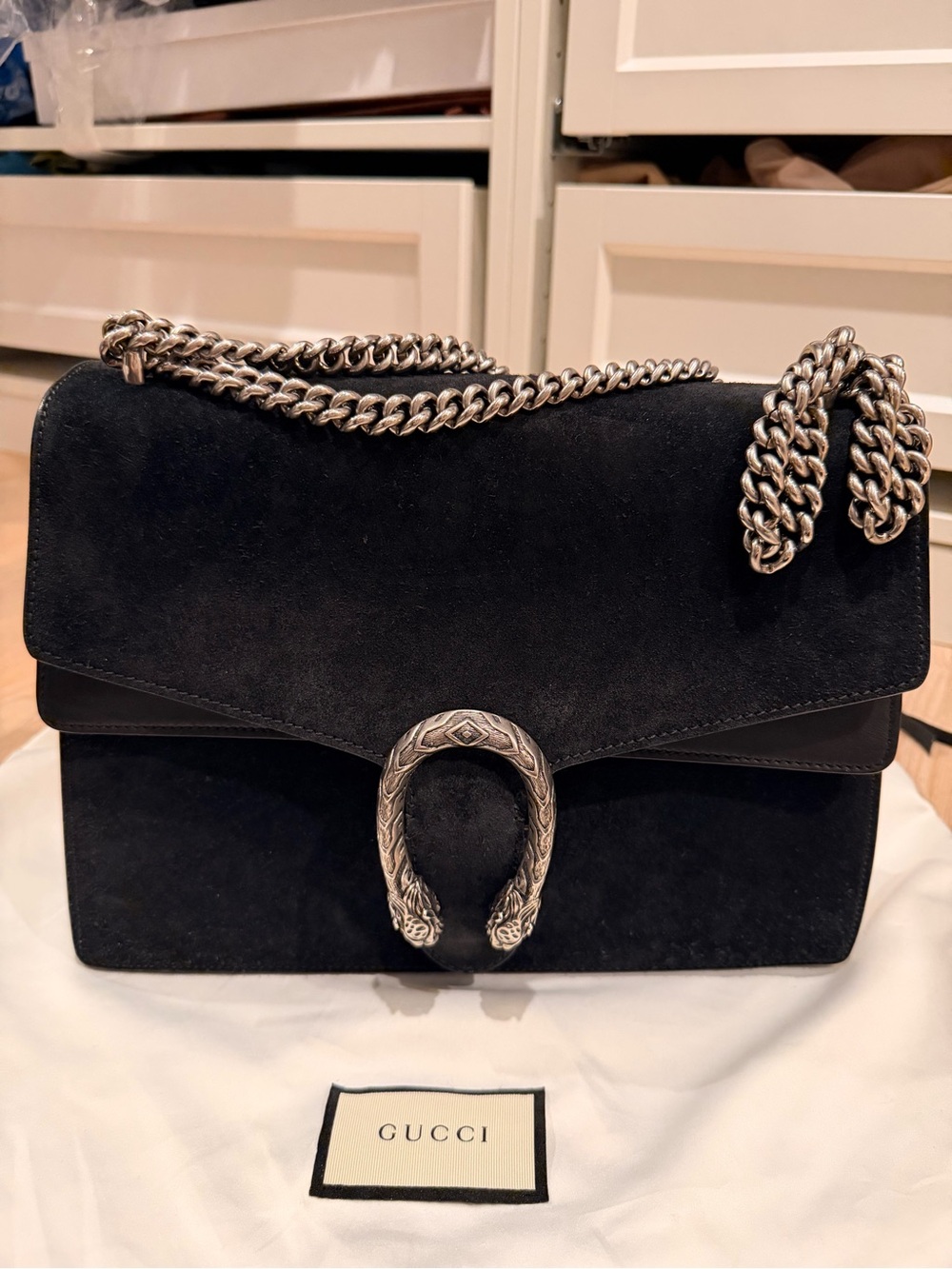 Gucci Black Suede Shoulder Bag with Silver-Tone Chain